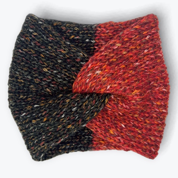 Handmade Cotton Alpaca Tweed Knit Twist Ear Warmers  Charcoal & Strawberry Red - Picture 10 of 10